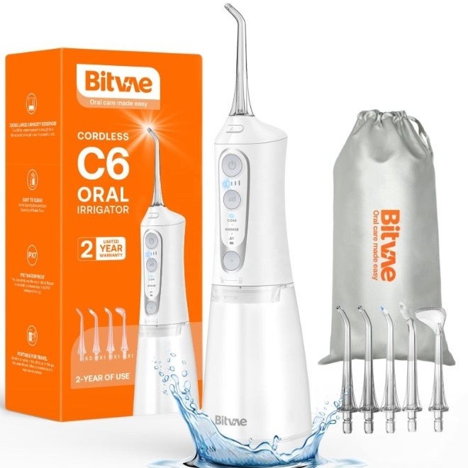 Bitvae C6 Cordless Water Dental Flosser 300ml Oral Irrigator with 6 Jet Tips (White)