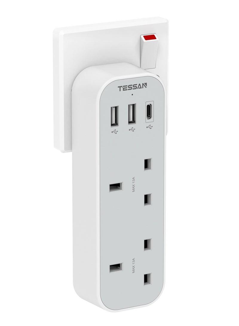TESSAN Multi Plug Extension With 3 USB, Double Plug Adaptor