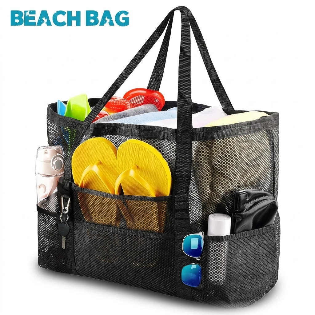 Large Foldable Mesh Beach Tote Bag with Mini Pockets - Black