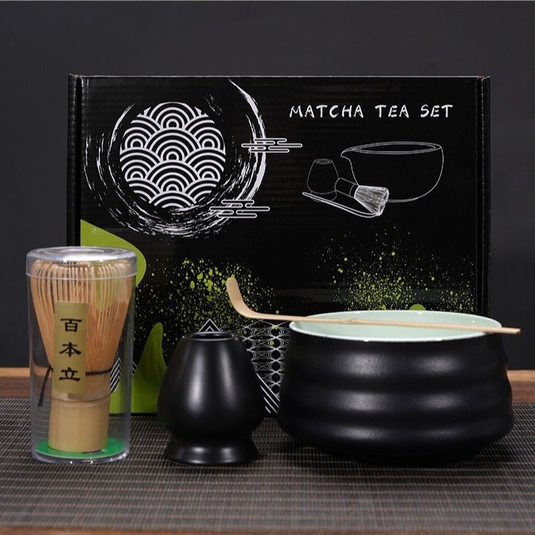 4-Piece Japanese Matcha Whisk Set with Ceramic Bowl, Stand & Scoop (Black Green)
