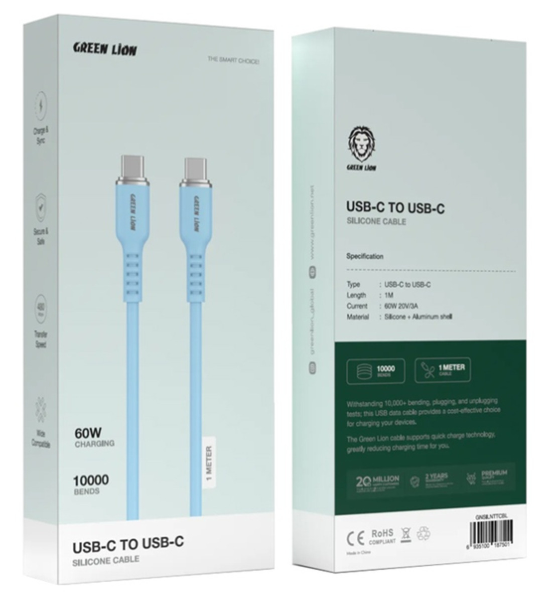 Green Lion 60W Silicone Cable USB-C To USB-C 1M - Blue