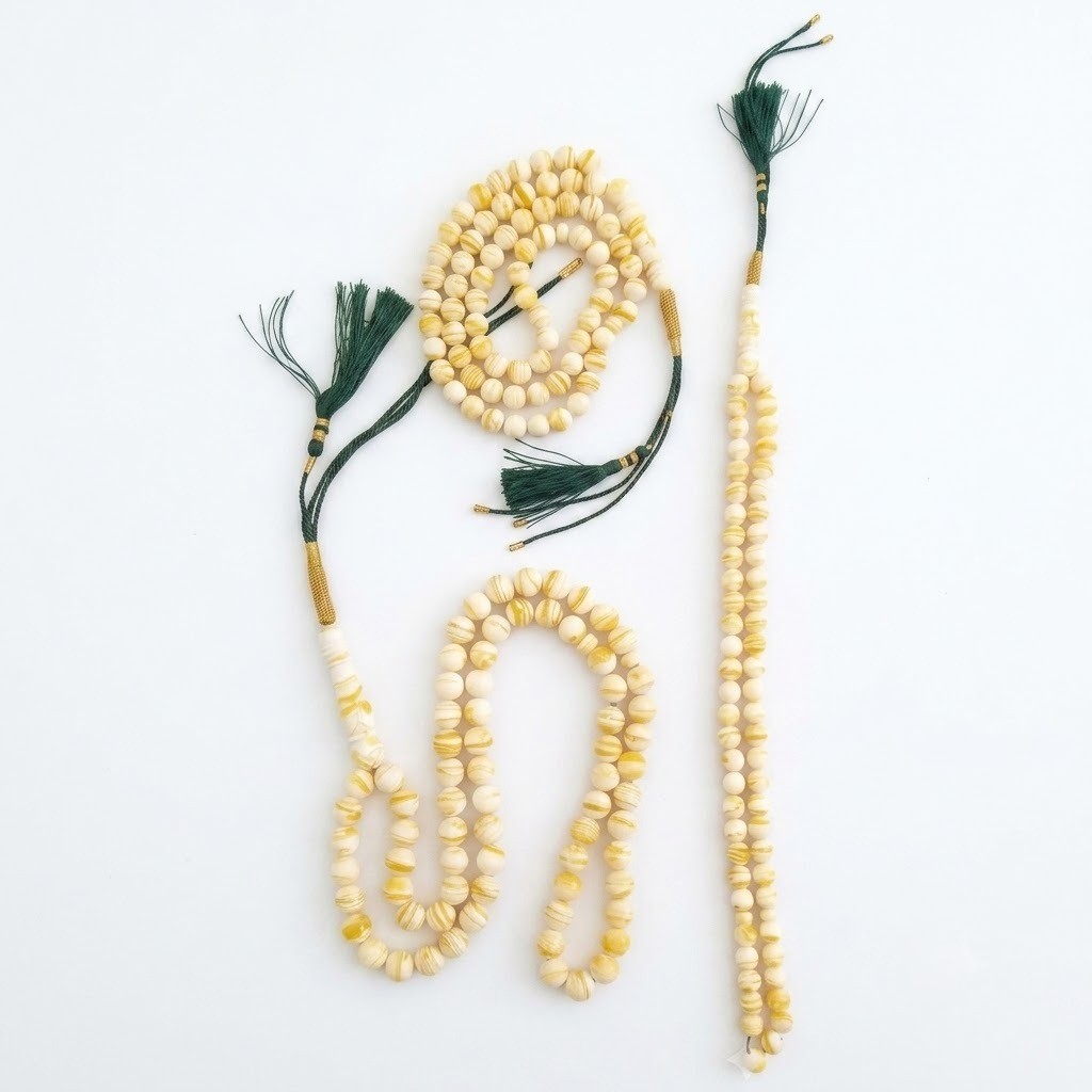 Amber-Like "Tiger" Misbaha - 72 Beads / Green Thread