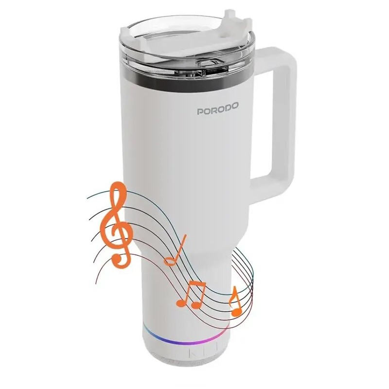 Porodo HydroTunes Portable Tumbler with Bluetooth Speaker- White