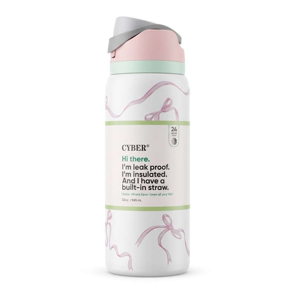 Cyber FreeSip 946ml Insulated Stainless Steel Water Bottle with Straw - White Pink