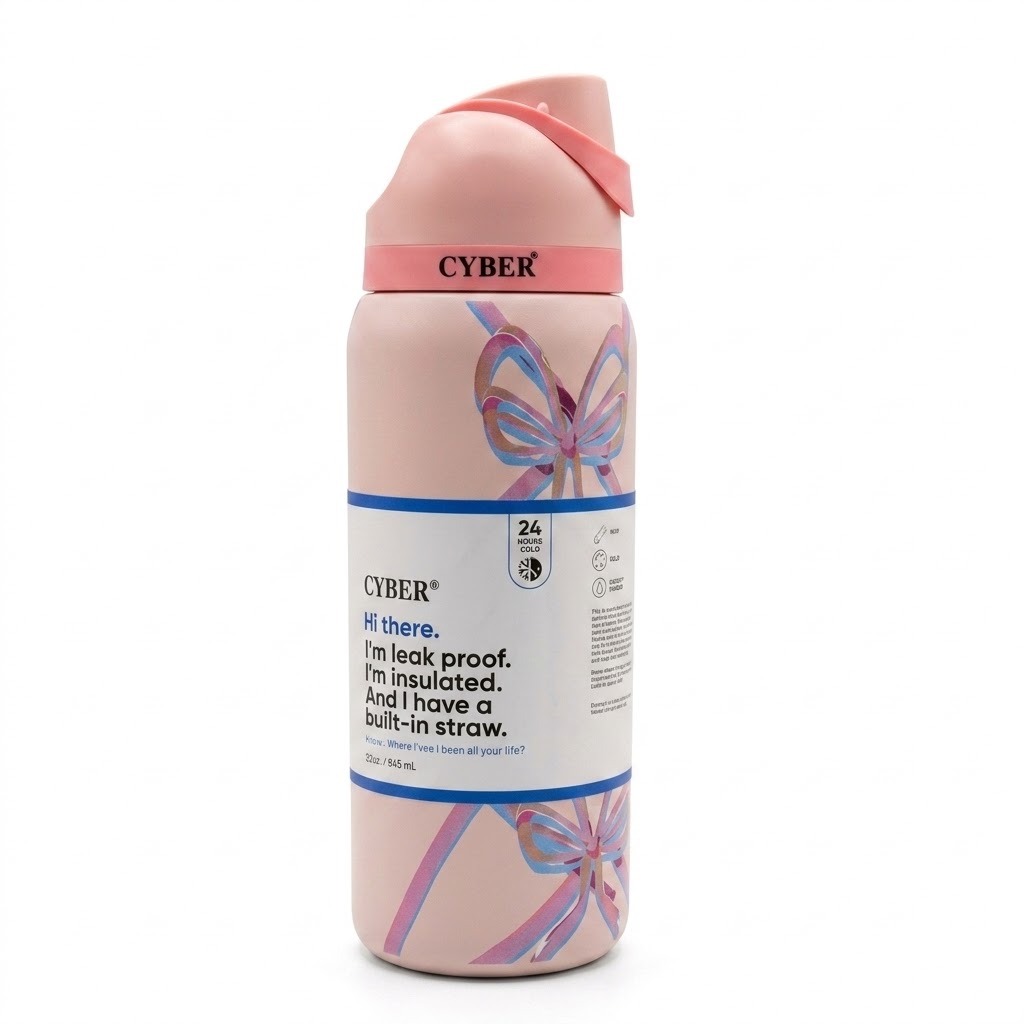 Cyber FreeSip 946ml Insulated Stainless Steel Water Bottle with Straw - Pink