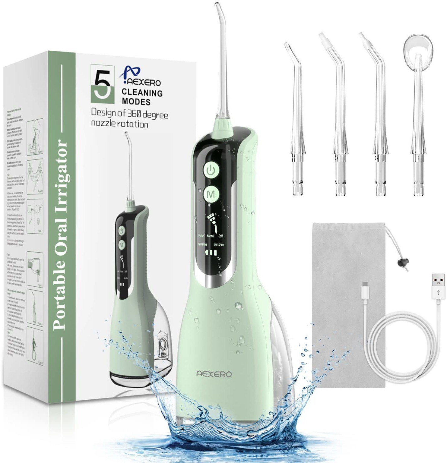 Portable Electric Water Flosser / 5 Modes/ 360° Rotatable Nozzle/ Green