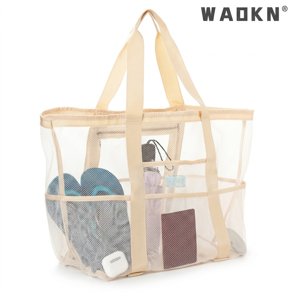 WAOKN Large Mesh Beach Tote Bag with Zipper & Dry/Wet Pocket (Beige)