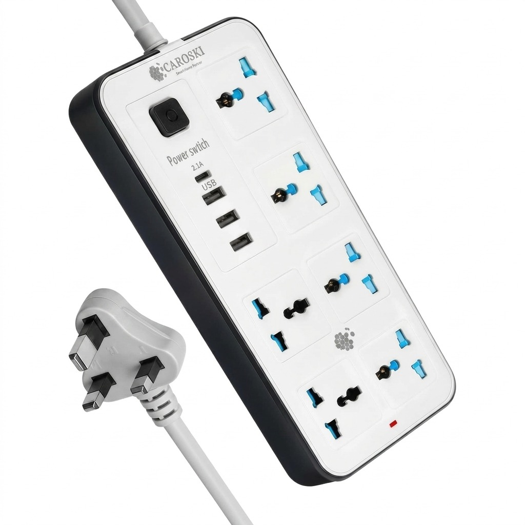 CAROSKI 6-Way Universal Power Strip Tower 4 USB Charging Ports & Surge Protection