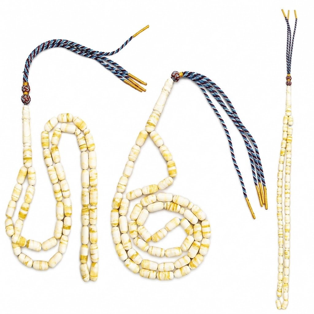 Amber-Like "Tiger" Misbaha - 48 Beads / Blue Striped Thread