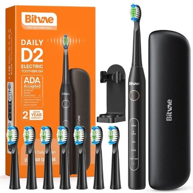 Bitvae D2 Sonic Electric Toothbrush with 8 Brush Heads & Travel Case (Black)