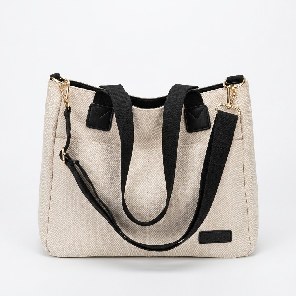 Large Canvas Shoulder & Crossbody Tote Bag with Multi-Pockets (Black Belt)