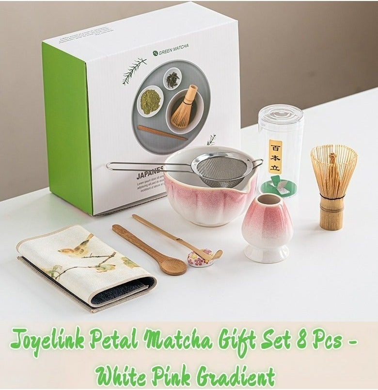 8-Piece Japanese Matcha Tea Whisk Set with Ceramic Bowl & Bamboo Whisk (Gradient Pink)
