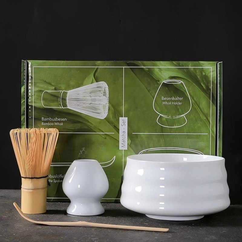 4-Piece Japanese Matcha Whisk Set with Ceramic Bowl, Stand & Scoop (White)