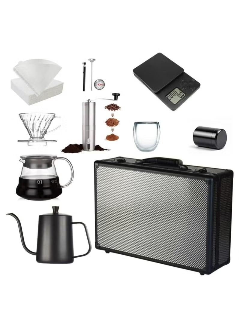 All in 1 V60 coffee kit with scale, grinder, and travel bag