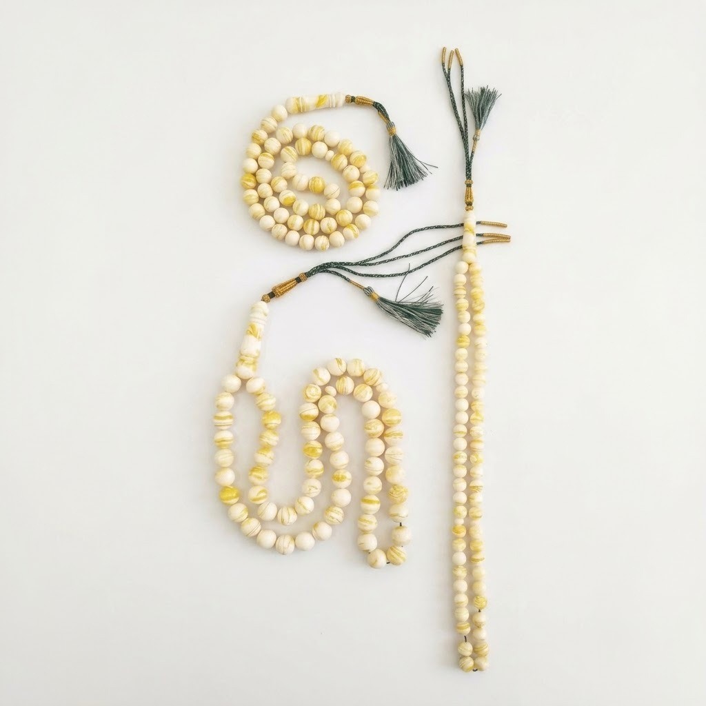 Amber-Like "Tiger" Misbaha - 66 Beads / Green Thread