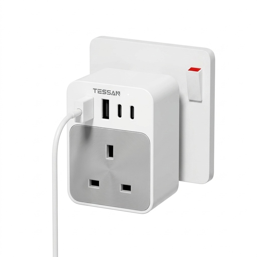 TESSAN 5-in-1 UK Travel Adapter & Multi-Plug Wall Extension with USB-C (3250W)