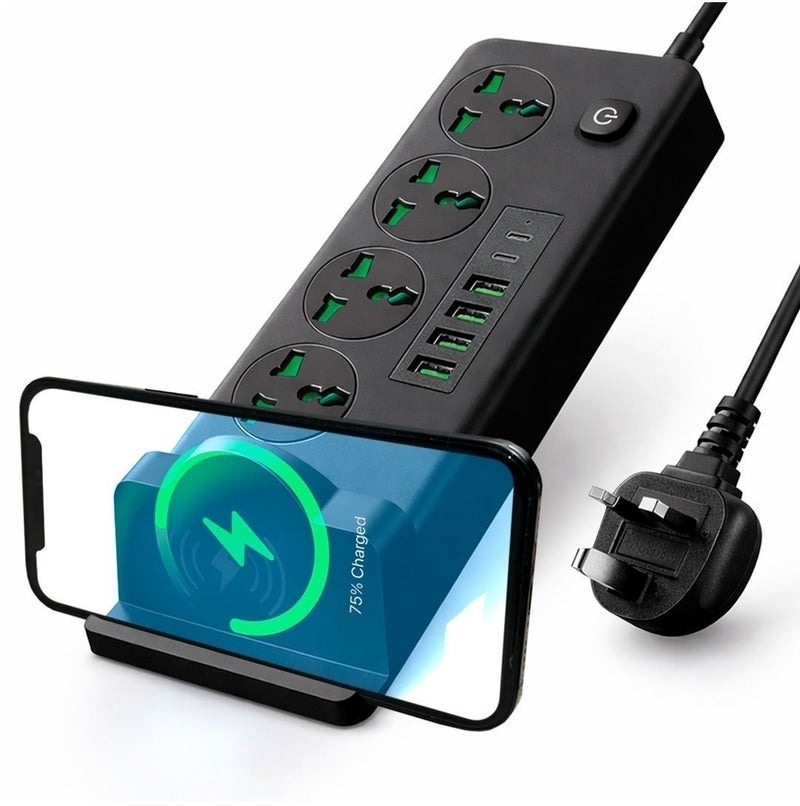 Universal Surge Protector Power Strip with PD USB-C & Wireless Charging Stand