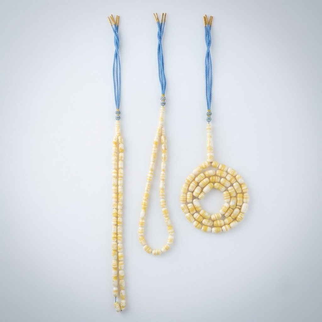 Amber-Like "Tiger" Misbaha - 48 Beads / Blue Thread