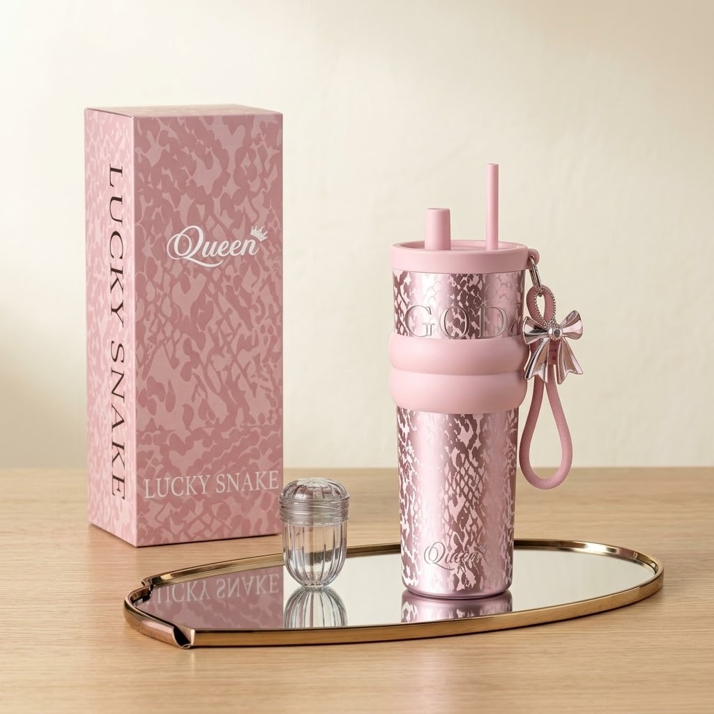 Queen 710ml Ceramic Lined Insulated Travel Mug with Dual-Sip Lid - Pink