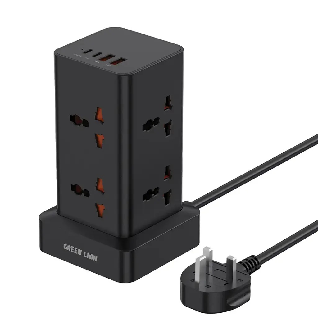 Green Lion Power Tower Multi-Port Power Strip 2500W 2M Cable - Black