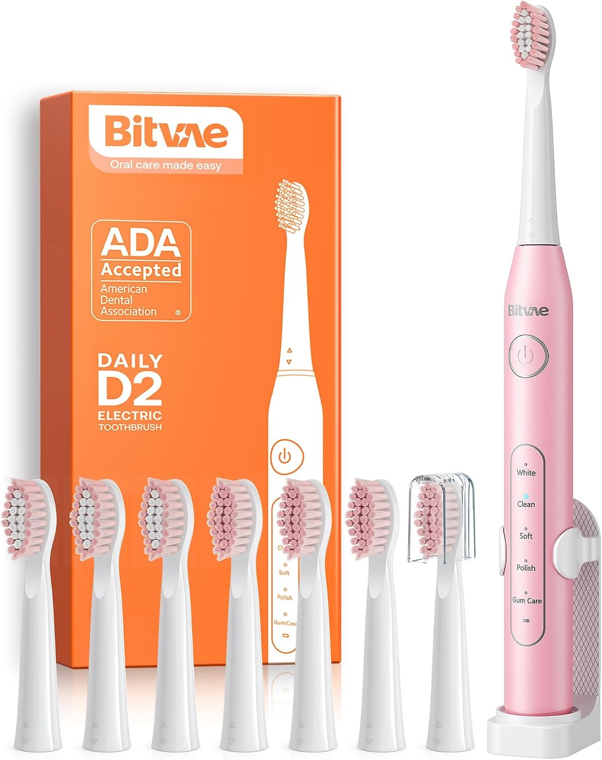 Bitvae D2 Sonic Electric Toothbrush with 8 Brush Heads & Travel Case (Pink)