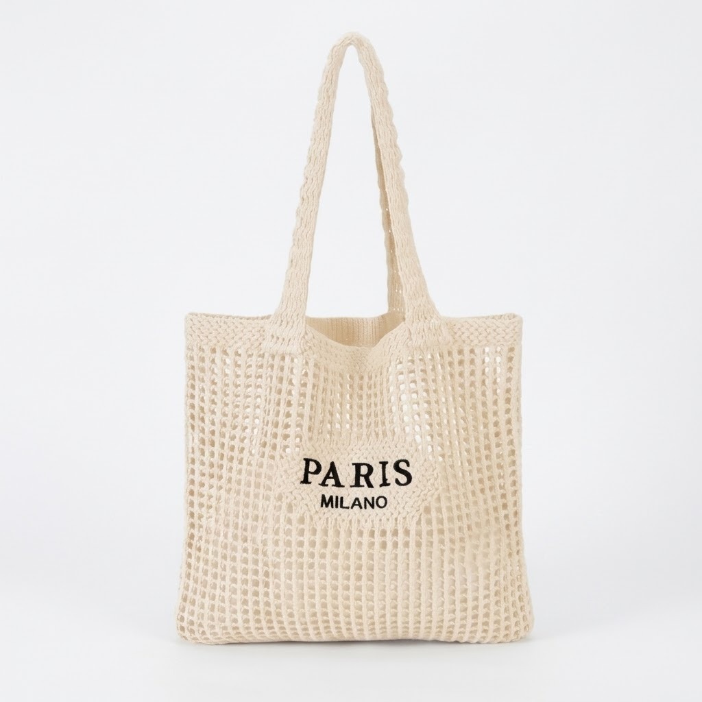 HOOTO Bohemian Knit Mesh Handbag Aesthetic Summer Beach Tote (Beige)