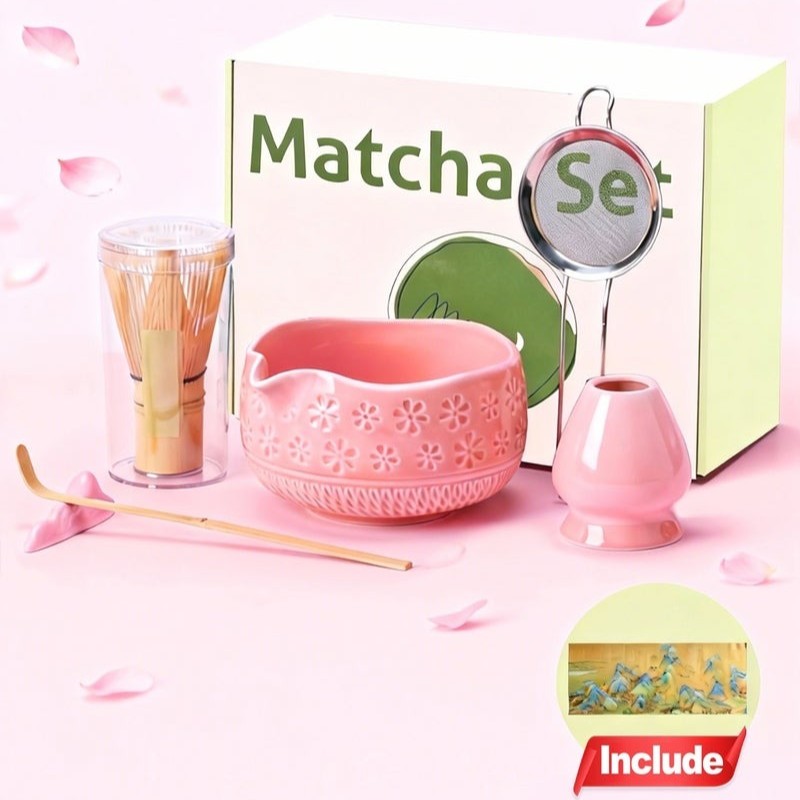 7-Piece Japanese Matcha Tea Ceremony Set with Ceramic Whisk, Sifter & Scoop (Pink)