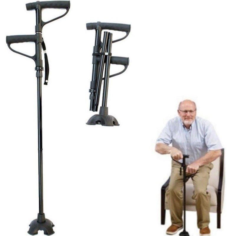 Walking stick crutch with stand and foldable flashlight