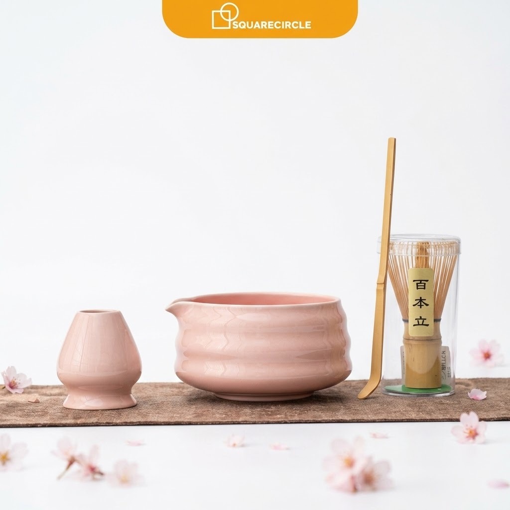 4-Piece Japanese Matcha Tea Set with Spout Bowl, Bamboo Whisk & Stand (Pink)