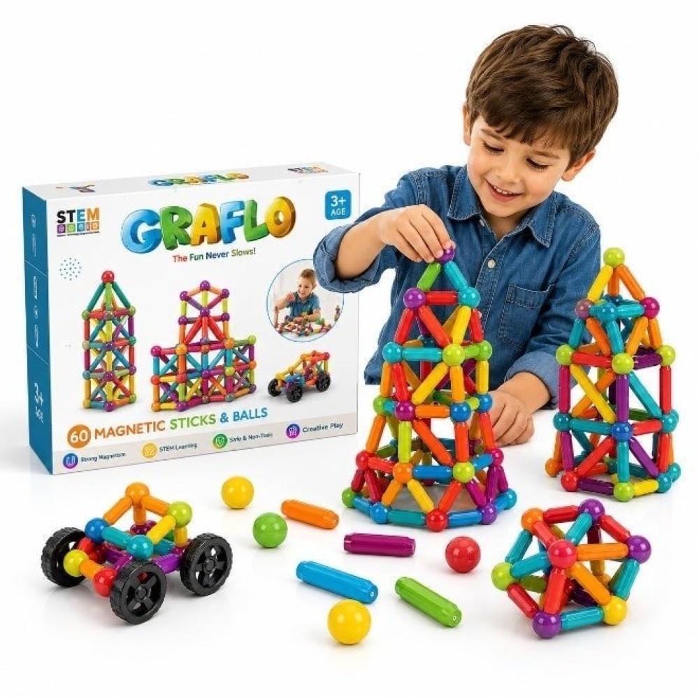 Magnetic Building Blocks, Magnetic Sticks and Balls Game Construction Set with 60 Pieces