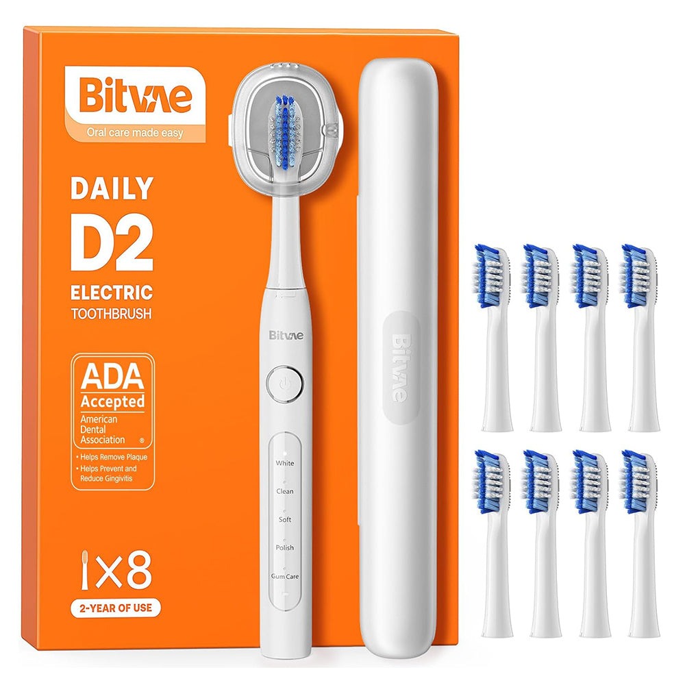 Bitvae D2 Sonic Electric Toothbrush with 8 Brush Heads & Travel Case (White)